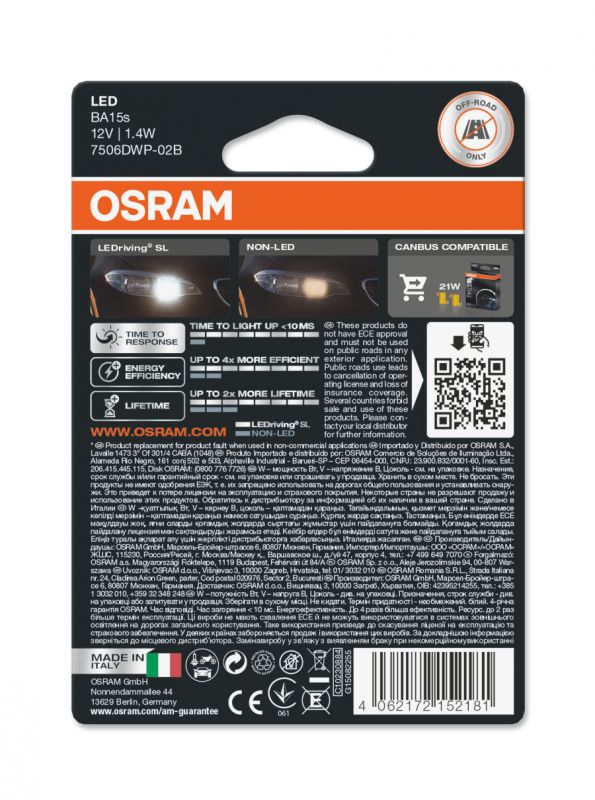 Osram LEDriving SL 7506DWP-02B 12V 1,4W BA15S 6000K P21W